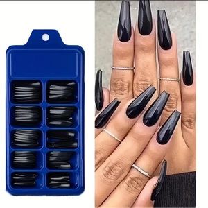 🖤120pcs Long Coffin Glossy Black Press-On Nails Ballet Shape